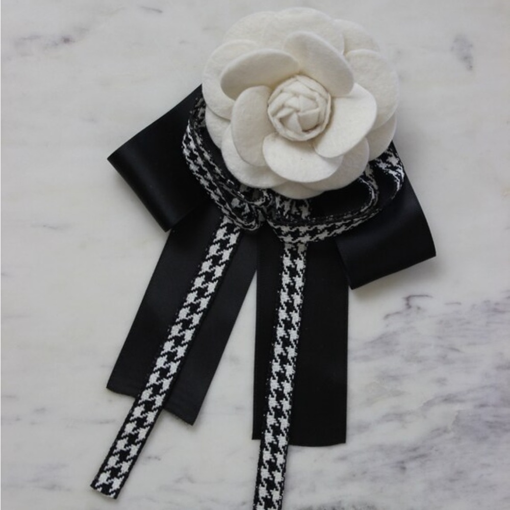 Vintage Tie Brooches Gabrielle Camellia Shirt Flower Crystal Striped Brooch - Picture 2 of 4